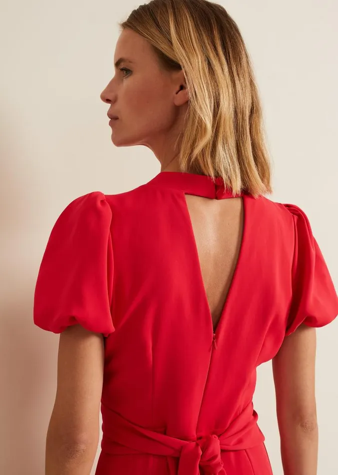 Paulina Coral Puff Sleeve Midi Dress Coral Women Phase Eight Dresses