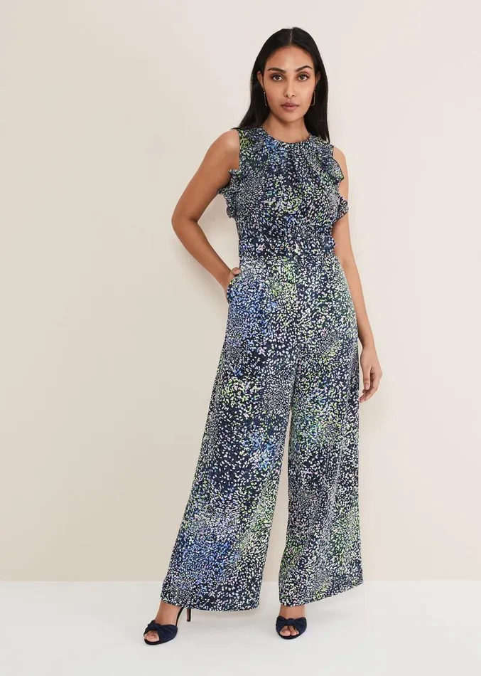 Petite Maggie Ruffle Printed Jumpsuit Navy Multi Women Phase Eight Dresses