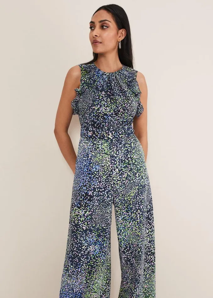 Petite Maggie Ruffle Printed Jumpsuit Navy Multi Women Phase Eight Dresses