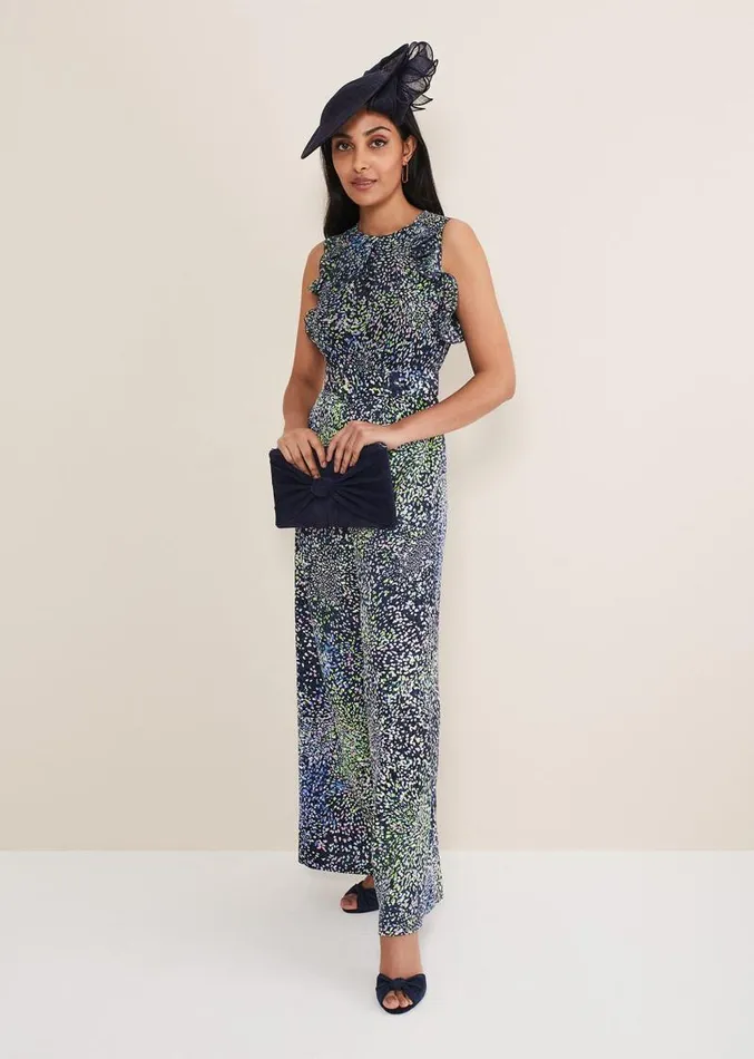 Petite Maggie Ruffle Printed Jumpsuit Navy Multi Women Phase Eight Dresses