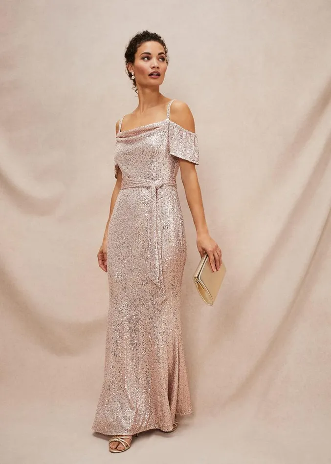 Poppy Off The Shoulder Sequin Dress Rose Gold Women Phase Eight Dresses