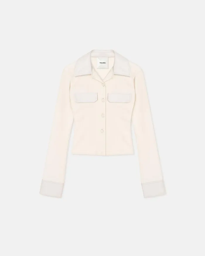 Rasima LeatherTrimmed RibbedJersey Shirt Creme Women Nanushka Shirts and Blouses