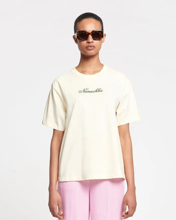 Reece Embroidered CottonJersey TShirt CremeGreen MenWomen Nanushka Tops