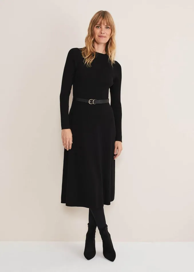 Reese Ribbed Maxi Belted Knit Dress Black Women Phase Eight Dresses