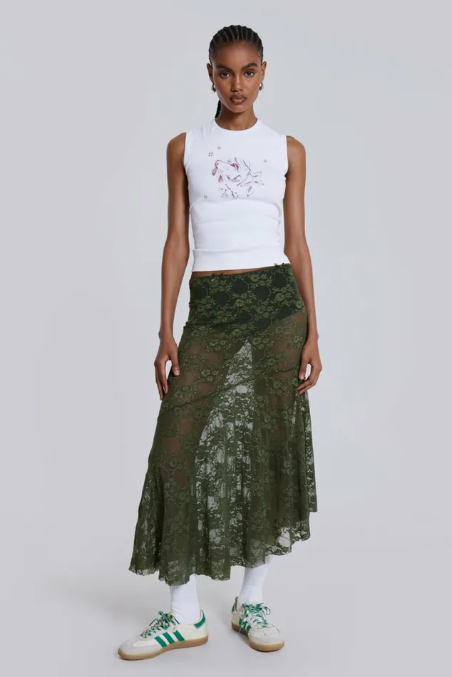 Rhea Khaki Lace Midi Skirt Khaki Women Jaded London Beach Cover Ups