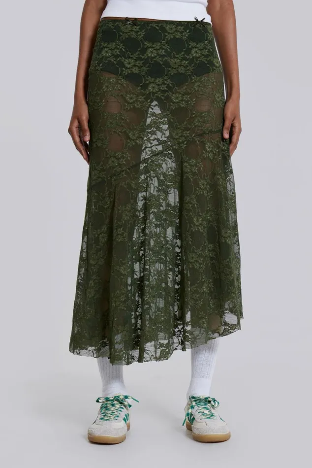 Rhea Khaki Lace Midi Skirt Khaki Women Jaded London Beach Cover Ups