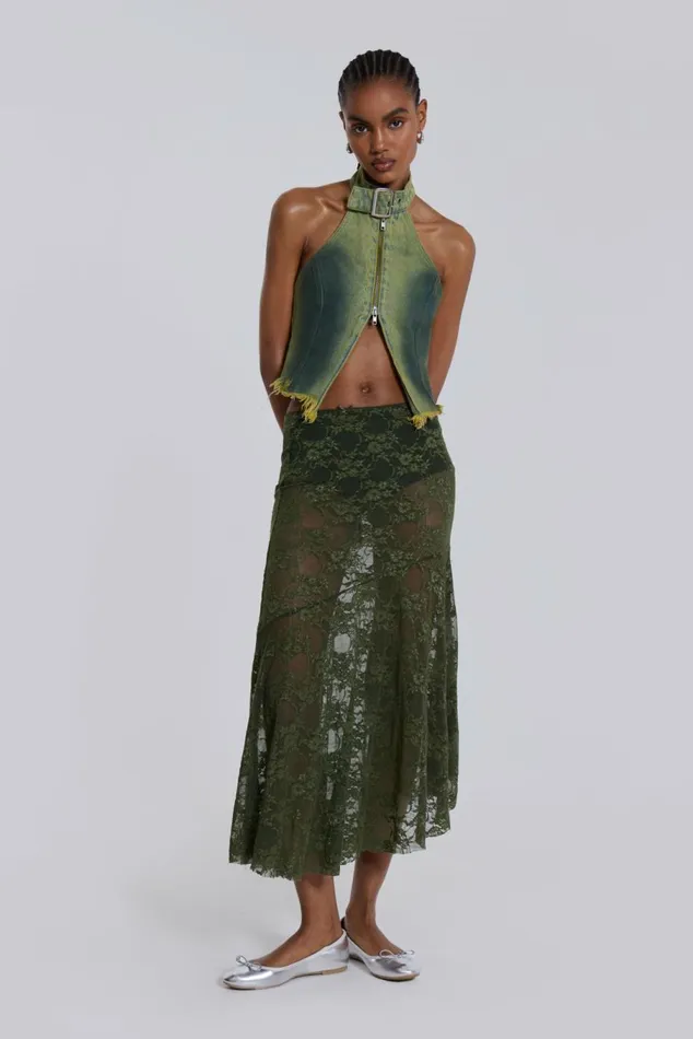 Rhea Khaki Lace Midi Skirt Khaki Women Jaded London Beach Cover Ups
