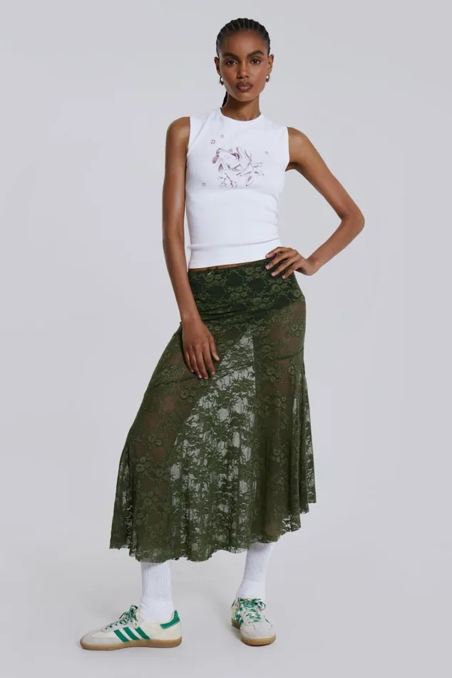 Rhea Khaki Lace Midi Skirt Khaki Women Jaded London Beach Cover Ups