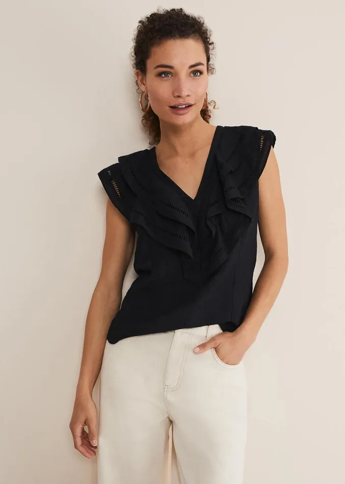 Rosey Linen Ruffle Blouse Black Women Phase Eight Shirts and Blouses