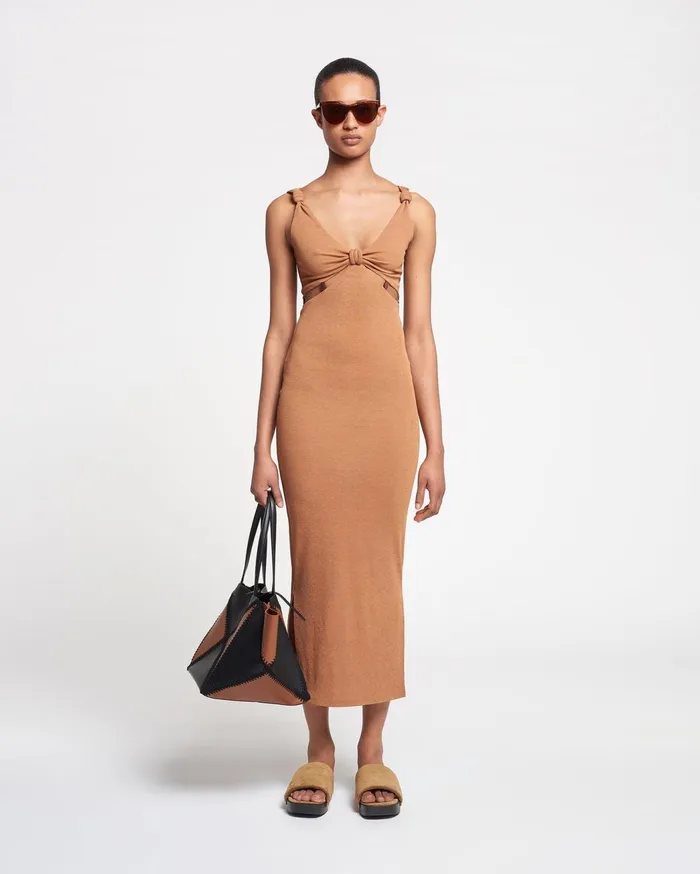 Saar Beaded MeshJersey Midi Dress Caramel Women Nanushka Dresses