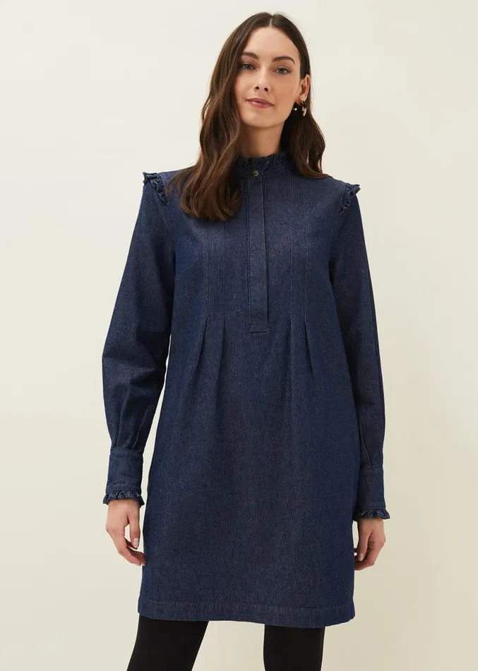Saige Denim Frill Detail Dress Indigo Women Phase Eight Dresses