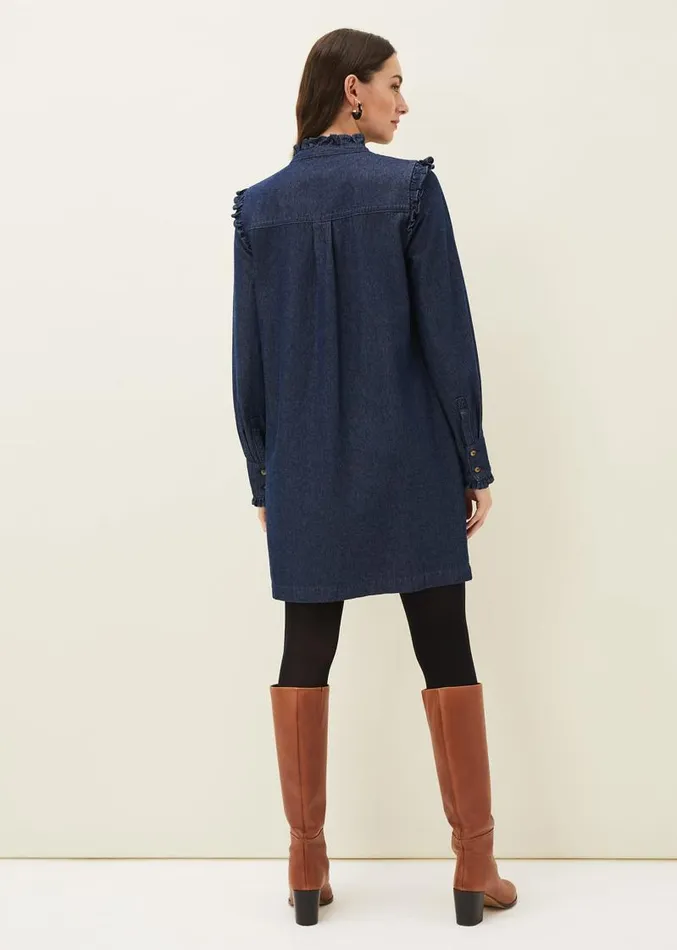 Saige Denim Frill Detail Dress Indigo Women Phase Eight Dresses