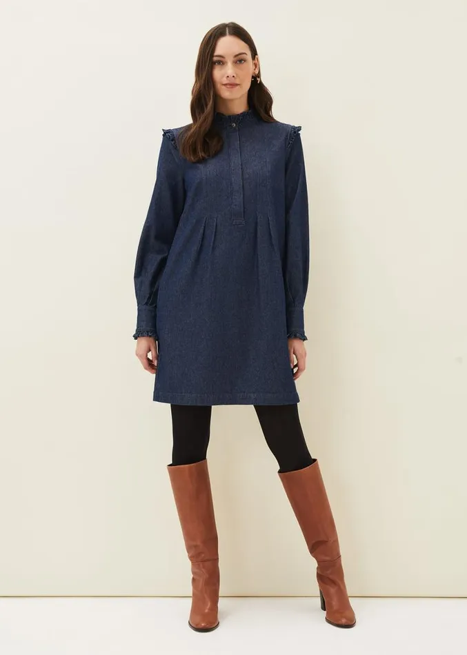 Saige Denim Frill Detail Dress Indigo Women Phase Eight Dresses