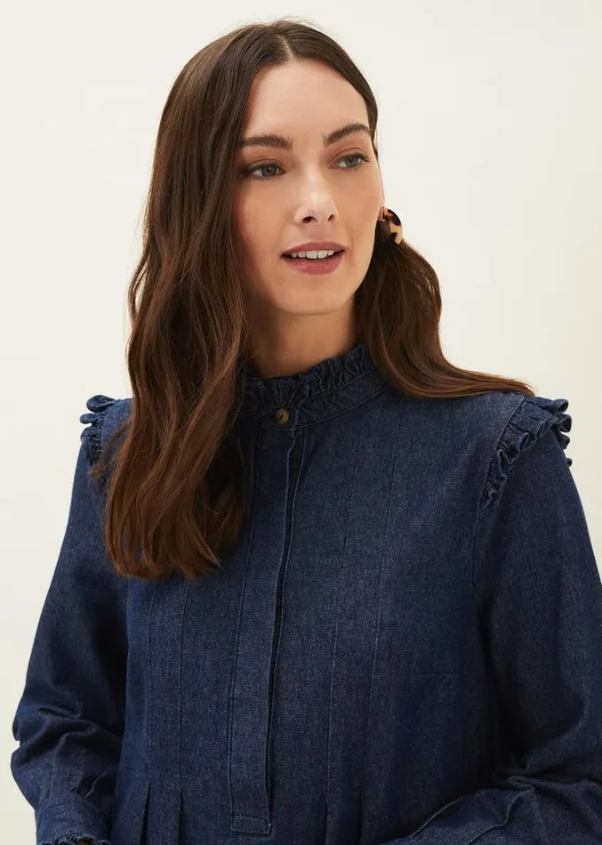 Saige Denim Frill Detail Dress Indigo Women Phase Eight Dresses