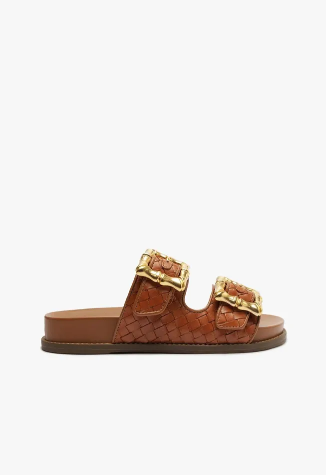 Schutz Shoes Flats Women Enola Sporty Woven Leather Sandal Honey Peach