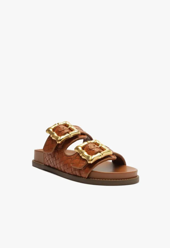 Schutz Shoes Flats Women Enola Sporty Woven Leather Sandal Honey Peach