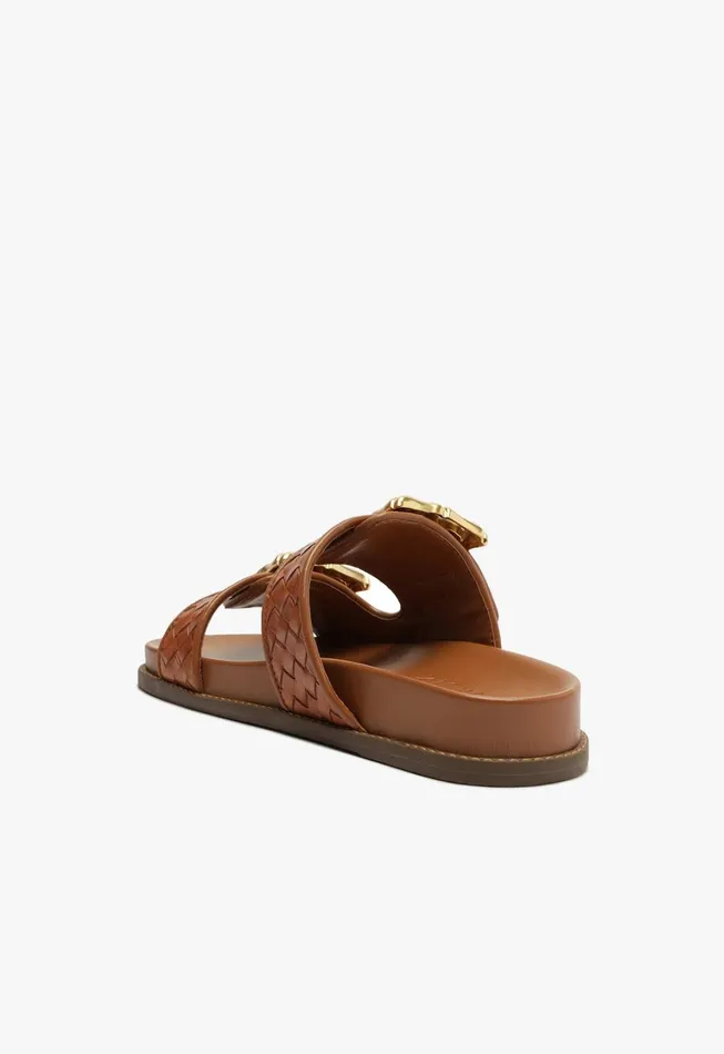 Schutz Shoes Flats Women Enola Sporty Woven Leather Sandal Honey Peach