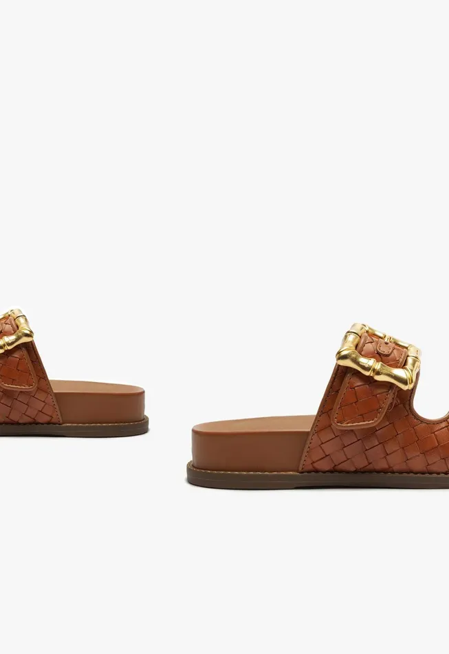 Schutz Shoes Flats Women Enola Sporty Woven Leather Sandal Honey Peach
