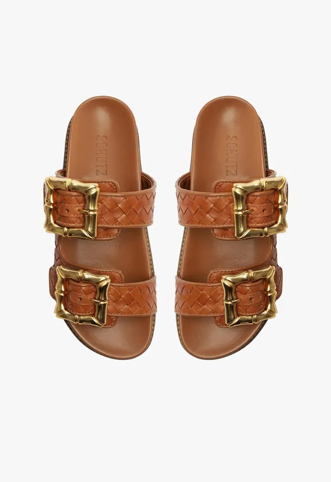 Schutz Shoes Flats Women Enola Sporty Woven Leather Sandal Honey Peach