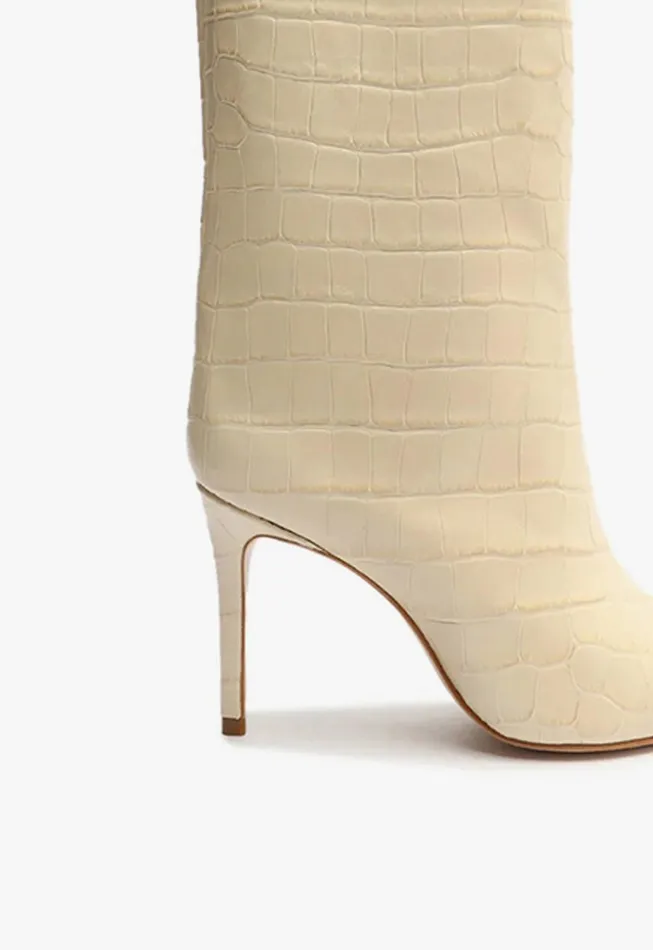 Schutz Shoes Maryana Boots Women Maryana CrocodileEmbossed Leather Boot Eggshell