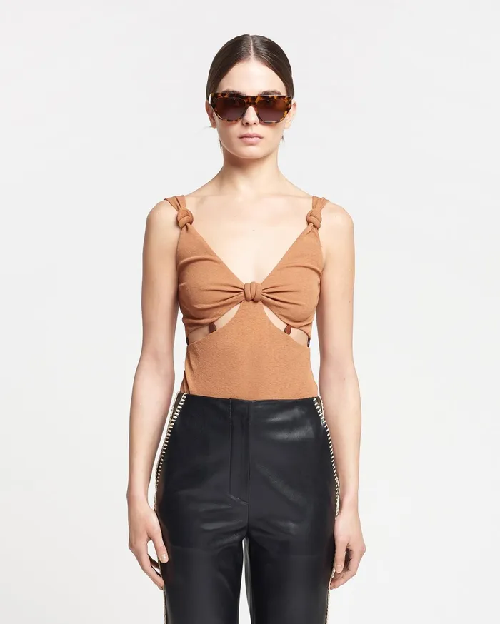 Seve Beaded MeshJersey Bodysuit Caramel Women Nanushka Tops