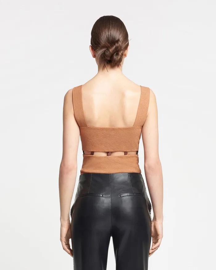 Seve Beaded MeshJersey Bodysuit Caramel Women Nanushka Tops