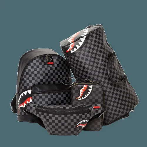SHARKS IN PARIS BLACK CHECKERED EDITION TOILETRY AKA MONEY BAGS Bags SPRAYGROUND