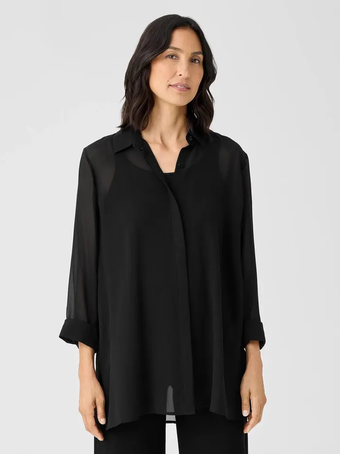 Sheer Silk Georgette Classic Collar Shirt Black Women Eileen Fisher Tops and Tees