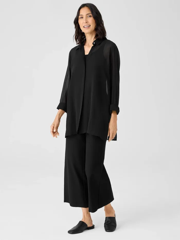 Sheer Silk Georgette Classic Collar Shirt Black Women Eileen Fisher Tops and Tees