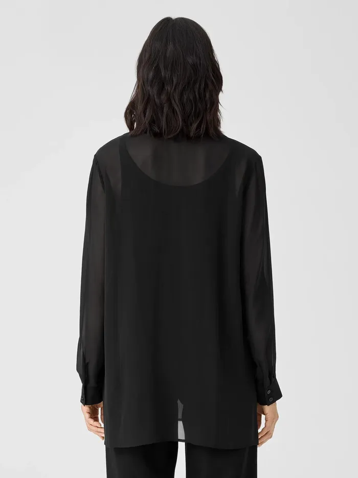 Sheer Silk Georgette Classic Collar Shirt Black Women Eileen Fisher Tops and Tees
