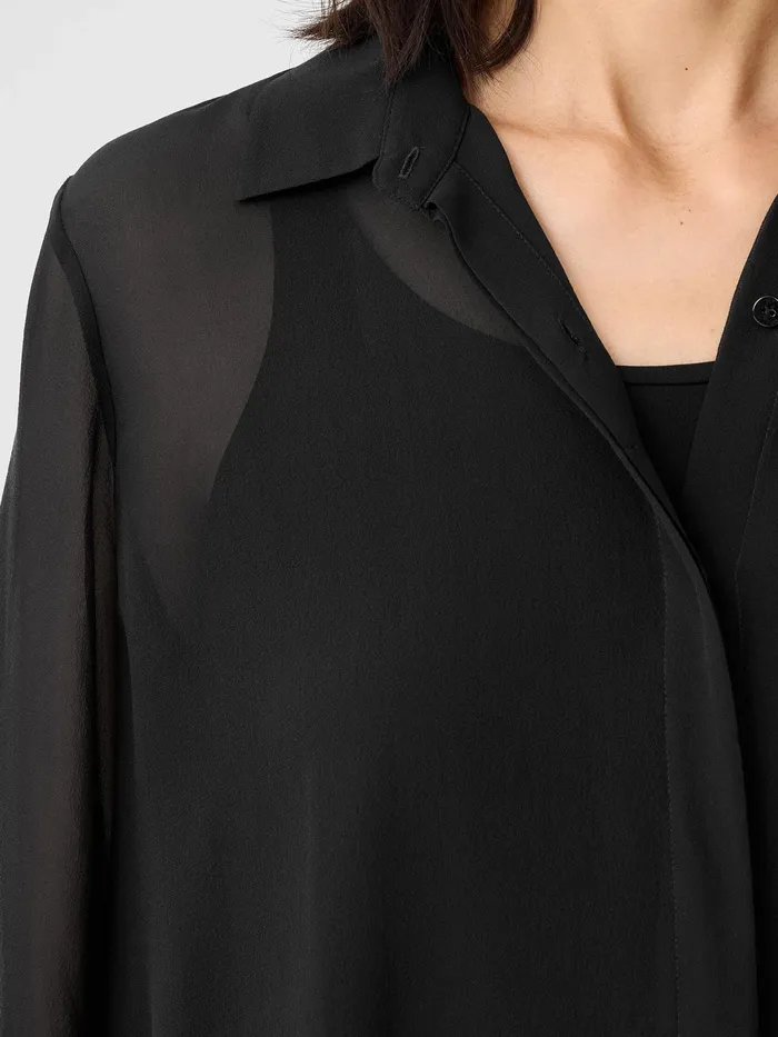 Sheer Silk Georgette Classic Collar Shirt Black Women Eileen Fisher Tops and Tees