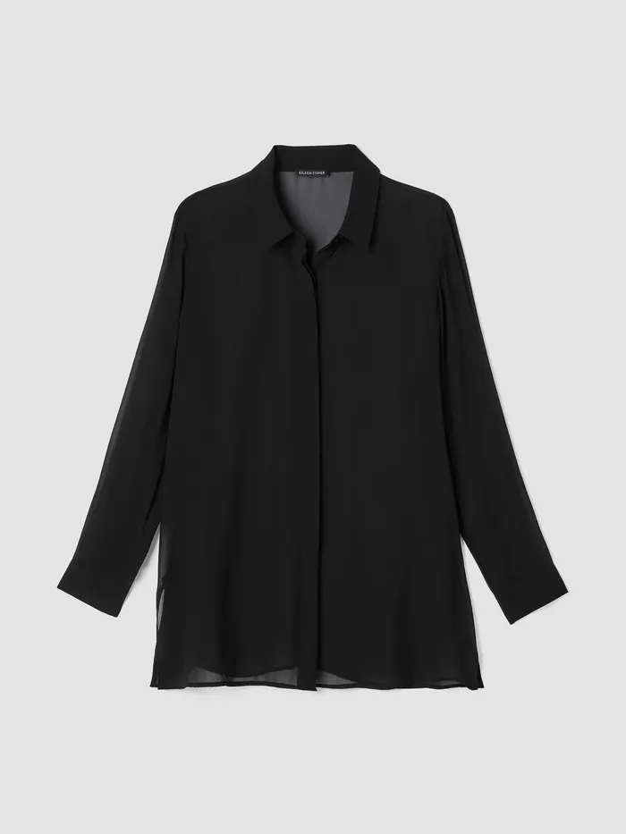 Sheer Silk Georgette Classic Collar Shirt Black Women Eileen Fisher Tops and Tees