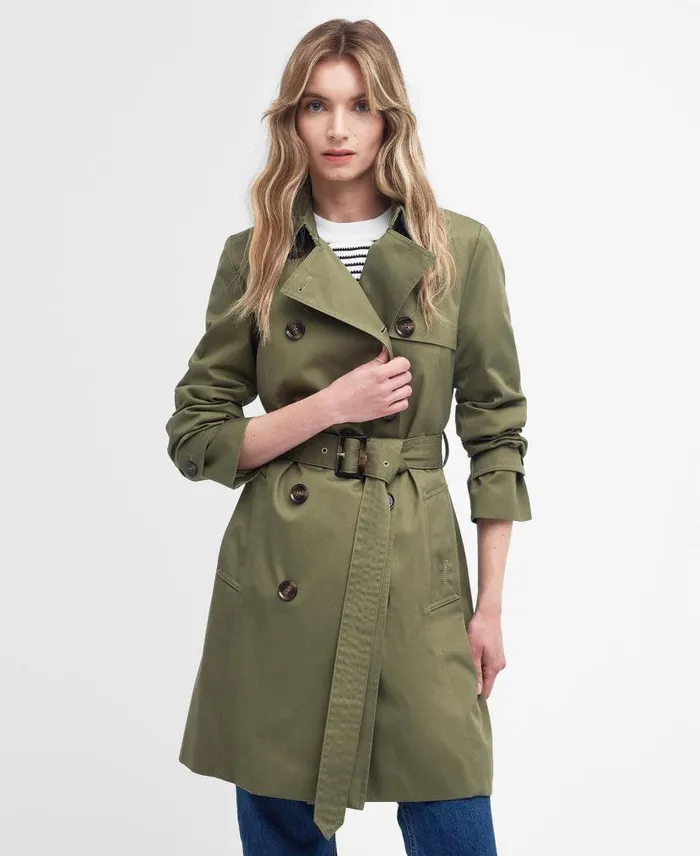 Short Greta Showerproof Trench Coat Burnt Oliveancient Poplar Women Barbour Showerproof Jackets