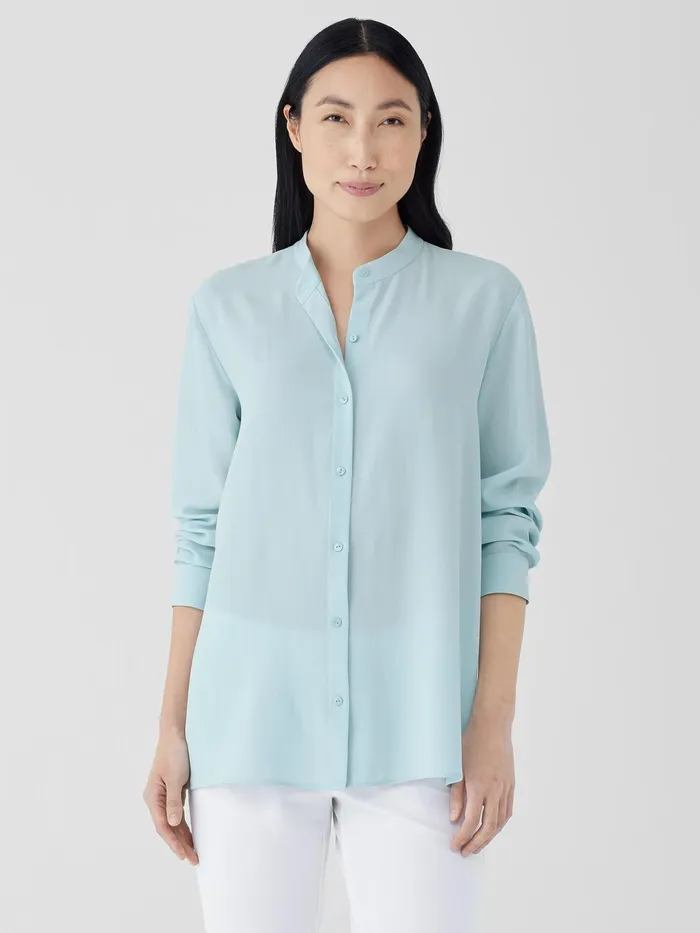 Silk Georgette Crepe Band Collar Shirt Clearwater Women Eileen Fisher Tops and Tees
