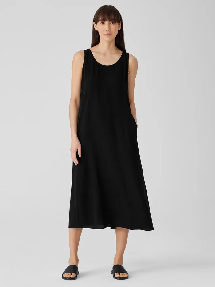 Silk Georgette Crepe Scoop Neck Dress Black Women Eileen Fisher Dresses and Skirts
