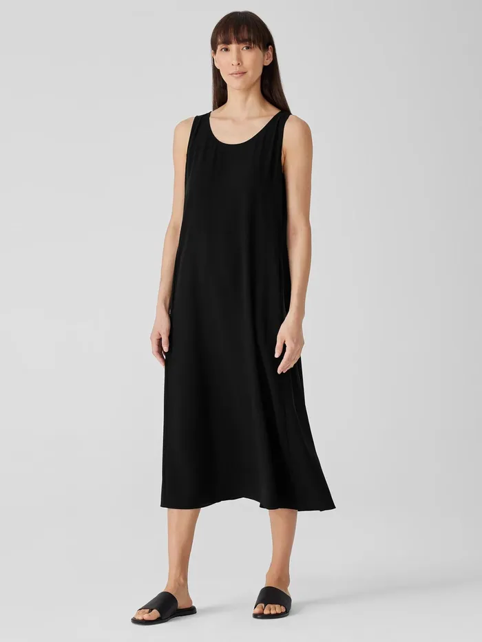 Silk Georgette Crepe Scoop Neck Dress Black Women Eileen Fisher Dresses and Skirts