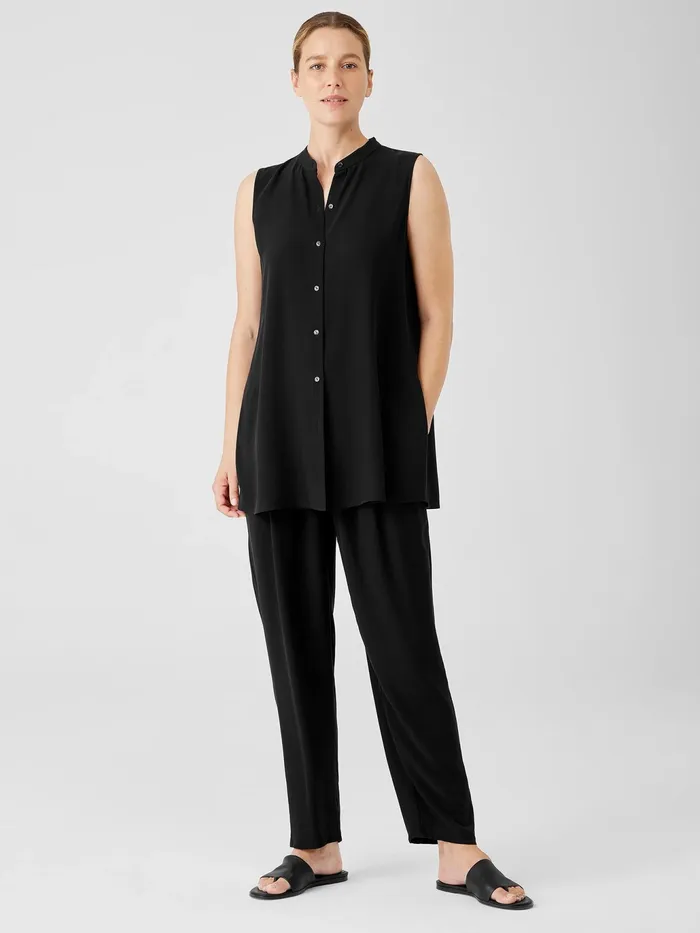 Silk Georgette Crepe Sleeveless Shirt Black Women Eileen Fisher Tops and Tees