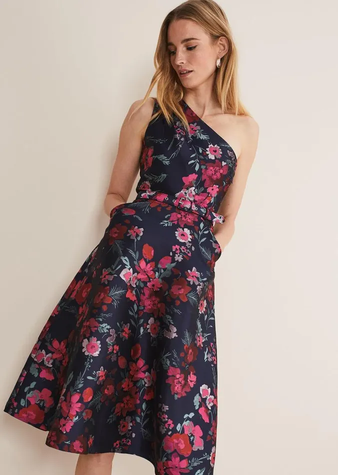 Tasha One Shoulder Jacquard Dress Navymulti Women Phase Eight Dresses
