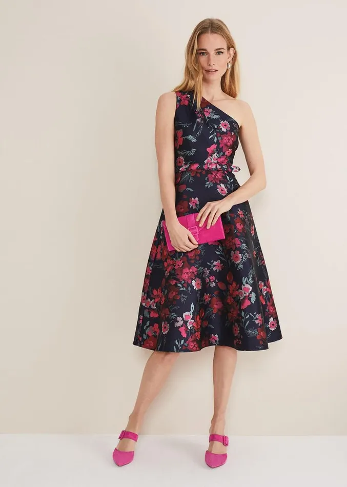 Tasha One Shoulder Jacquard Dress Navymulti Women Phase Eight Dresses