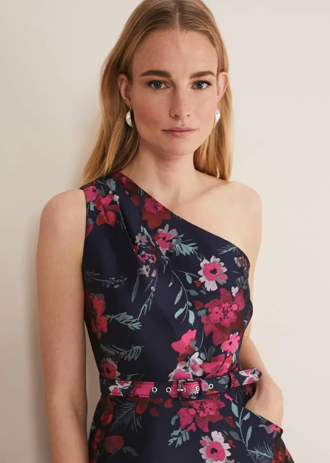 Tasha One Shoulder Jacquard Dress Navymulti Women Phase Eight Dresses