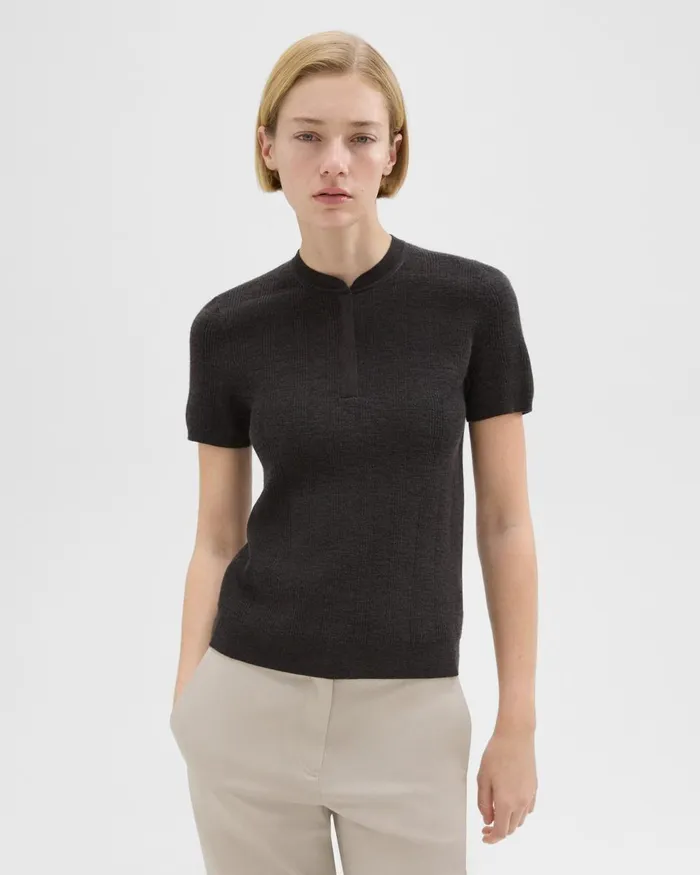 Theory Sweaters Cardigans Rib Knit ShortSleeve Henley Coal 8211 Women