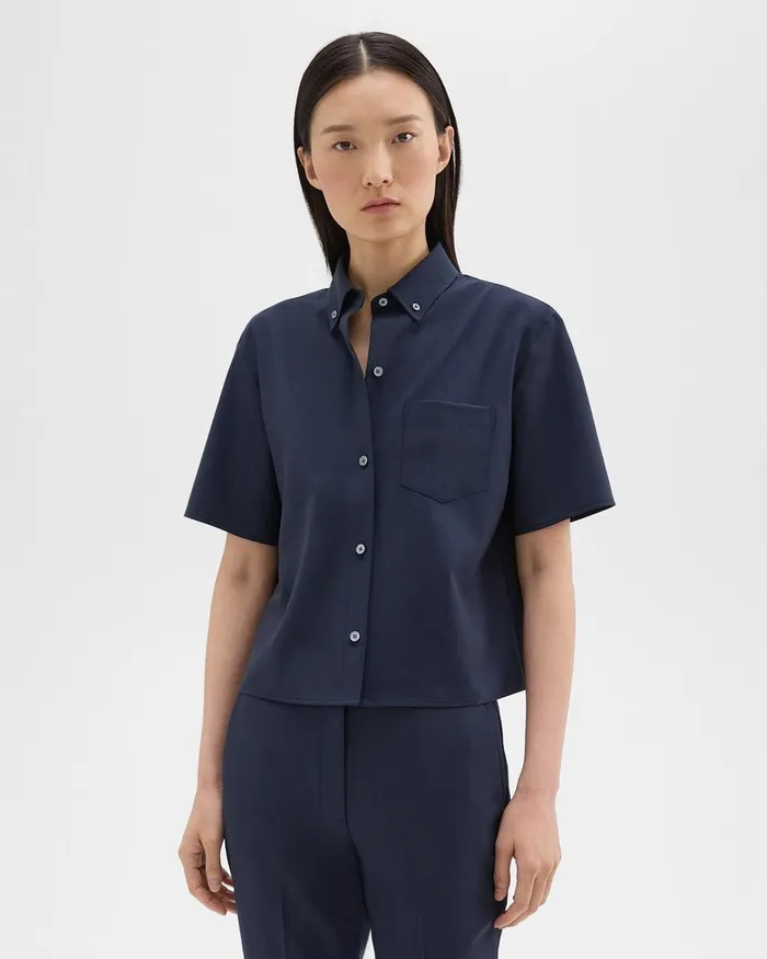 Theory Tops Cropped ShortSleeve Shirt In Good Wool Nocturne Navy 8211 Women