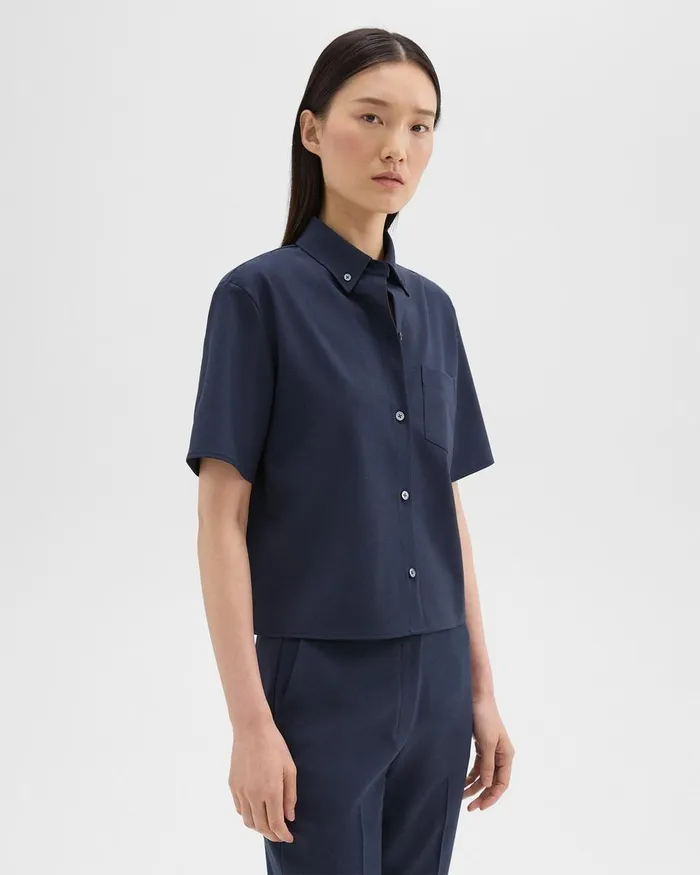 Theory Tops Cropped ShortSleeve Shirt In Good Wool Nocturne Navy 8211 Women