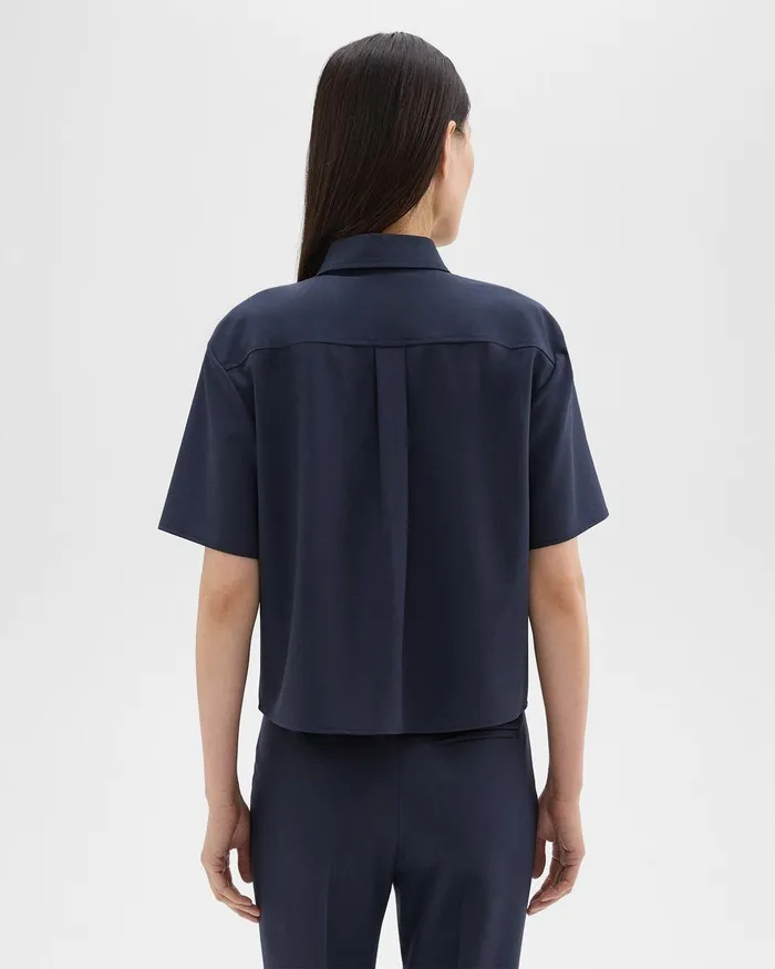 Theory Tops Cropped ShortSleeve Shirt In Good Wool Nocturne Navy 8211 Women