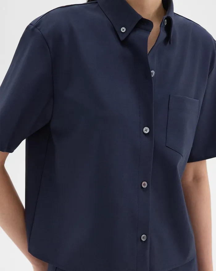Theory Tops Cropped ShortSleeve Shirt In Good Wool Nocturne Navy 8211 Women