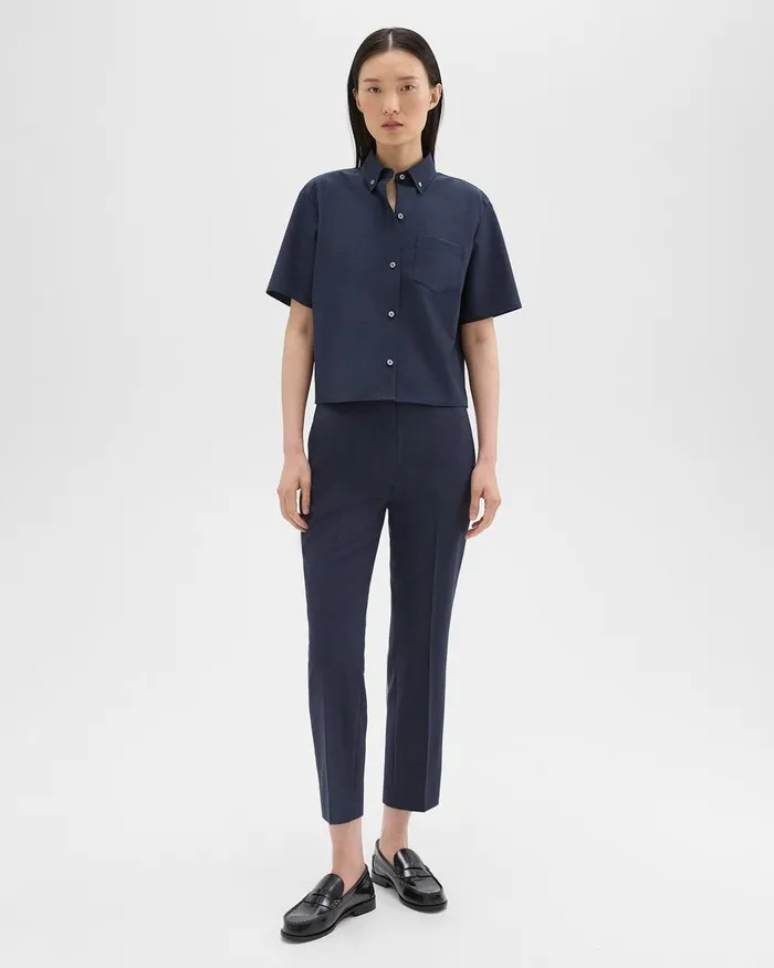 Theory Tops Cropped ShortSleeve Shirt In Good Wool Nocturne Navy 8211 Women