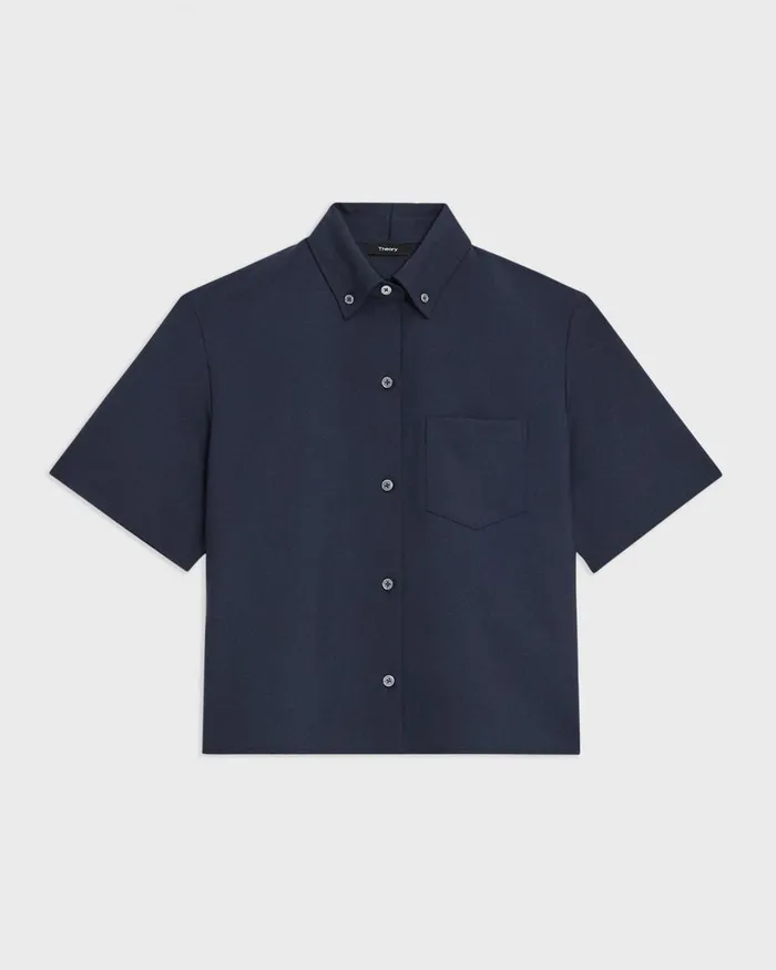Theory Tops Cropped ShortSleeve Shirt In Good Wool Nocturne Navy 8211 Women