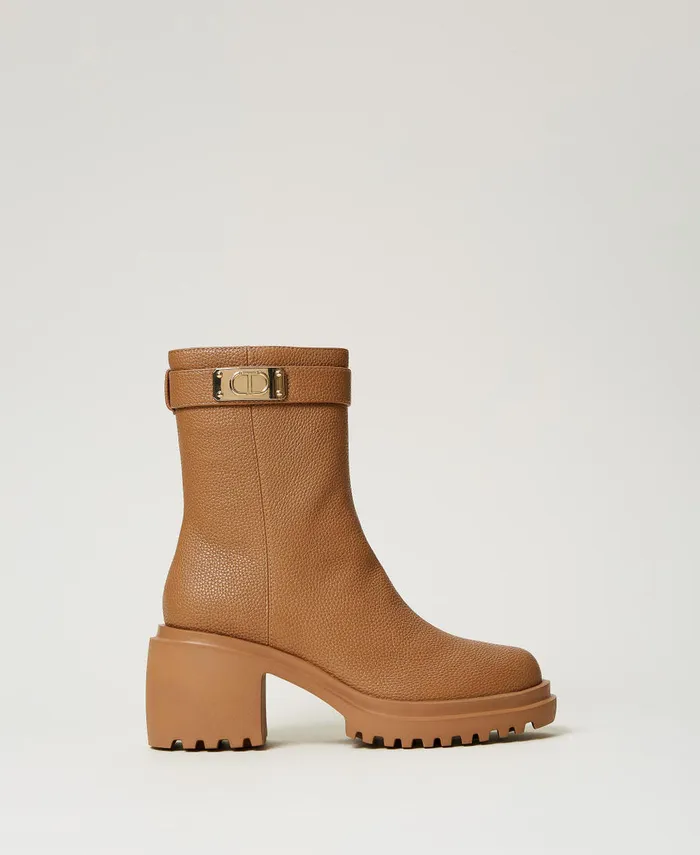 Twinset Ankle Boots With Logo Plate Chocolate Malt Women Heels