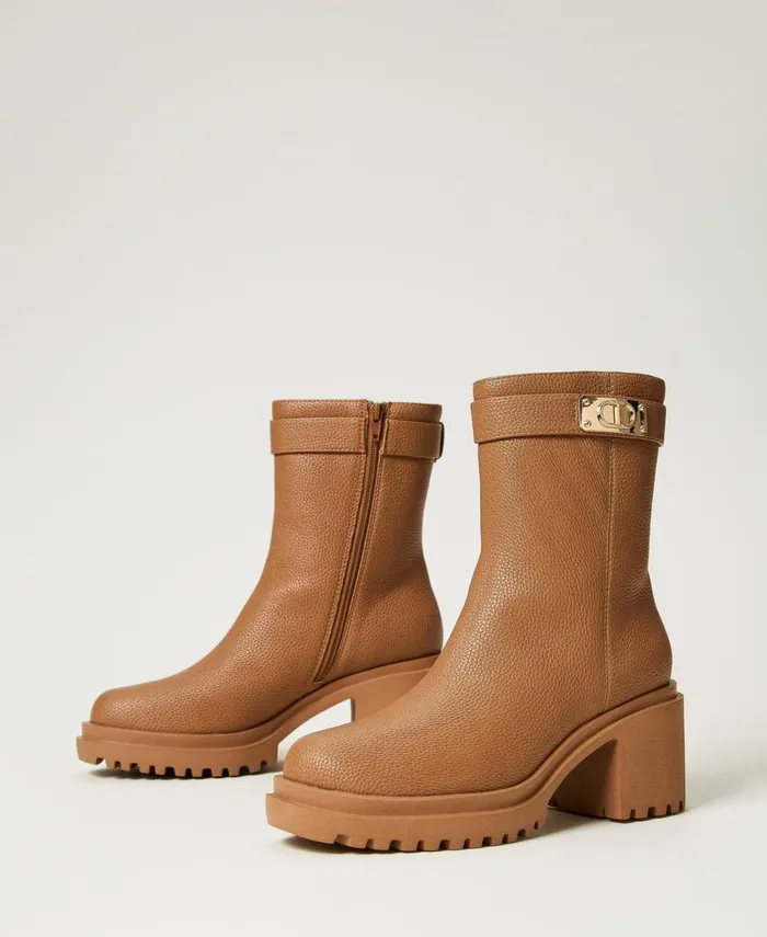 Twinset Ankle Boots With Logo Plate Chocolate Malt Women Heels Twinset Ankle Boots With Logo Plate Chocolate Malt Women Heels