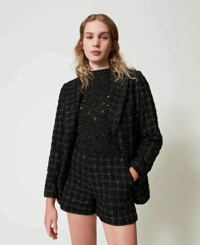 Twinset Boucl Shorts With Check Pattern Black Gold Boucl Women Suits And Sets Twinset Boucl Shorts With Check Pattern Black Gold Boucl Women Suits And Sets